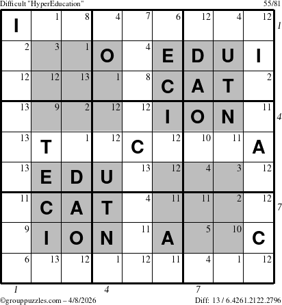 The grouppuzzles.com Difficult HyperEducation-i23 puzzle for Wednesday April 8, 2026 with all 13 steps marked