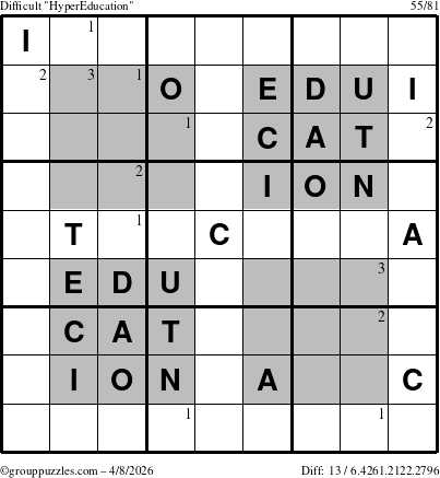 The grouppuzzles.com Difficult HyperEducation-i23 puzzle for Wednesday April 8, 2026 with the first 3 steps marked