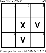 The grouppuzzles.com Easy TicTac-VWX puzzle for Wednesday April 8, 2026 with the first 2 steps marked