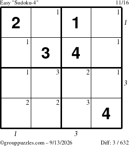 The grouppuzzles.com Easy Sudoku-4 puzzle for Sunday September 13, 2026 with all 3 steps marked