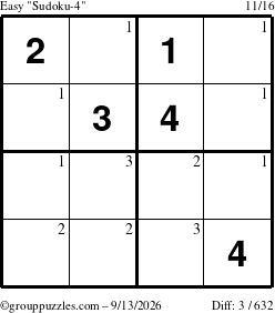 The grouppuzzles.com Easy Sudoku-4 puzzle for Sunday September 13, 2026 with the first 3 steps marked