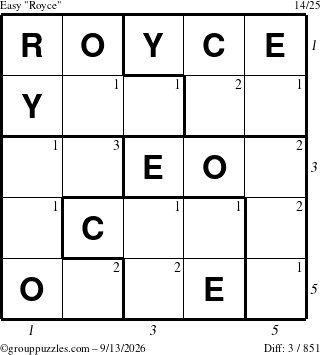 The grouppuzzles.com Easy Royce puzzle for Sunday September 13, 2026, suitable for printing, with all 3 steps marked