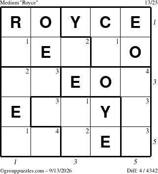 The grouppuzzles.com Medium Royce puzzle for Sunday September 13, 2026 with all 4 steps marked