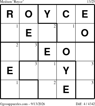 The grouppuzzles.com Medium Royce puzzle for Sunday September 13, 2026 with the first 3 steps marked