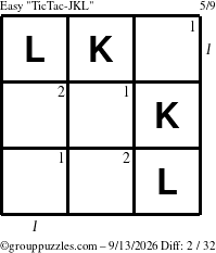 The grouppuzzles.com Easy TicTac-JKL puzzle for Sunday September 13, 2026, suitable for printing, with all 2 steps marked