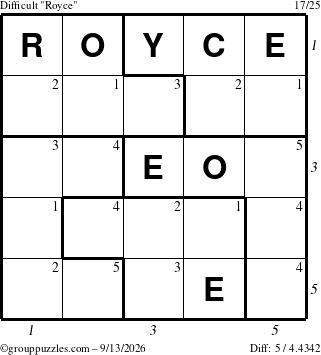 The grouppuzzles.com Difficult Royce puzzle for Sunday September 13, 2026, suitable for printing, with all 5 steps marked