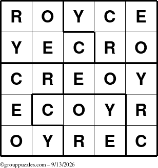 The grouppuzzles.com Answer grid for the Royce puzzle for Sunday September 13, 2026