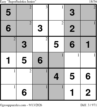 The grouppuzzles.com Easy SuperSudoku-Junior puzzle for Sunday September 13, 2026 with the first 3 steps marked