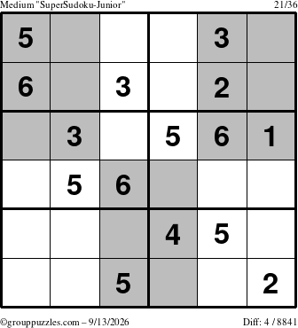 The grouppuzzles.com Medium SuperSudoku-Junior puzzle for Sunday September 13, 2026