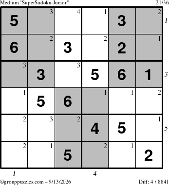 The grouppuzzles.com Medium SuperSudoku-Junior puzzle for Sunday September 13, 2026 with all 4 steps marked