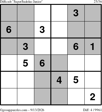 The grouppuzzles.com Difficult SuperSudoku-Junior puzzle for Sunday September 13, 2026