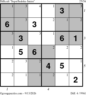The grouppuzzles.com Difficult SuperSudoku-Junior puzzle for Sunday September 13, 2026 with all 4 steps marked