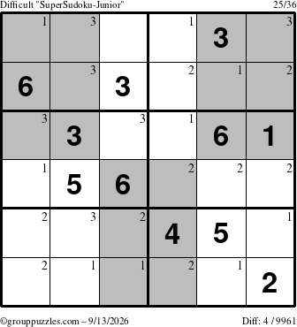 The grouppuzzles.com Difficult SuperSudoku-Junior puzzle for Sunday September 13, 2026 with the first 3 steps marked