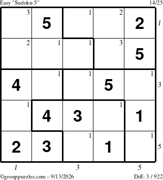 The grouppuzzles.com Easy Sudoku-5 puzzle for Sunday September 13, 2026, suitable for printing, with all 3 steps marked