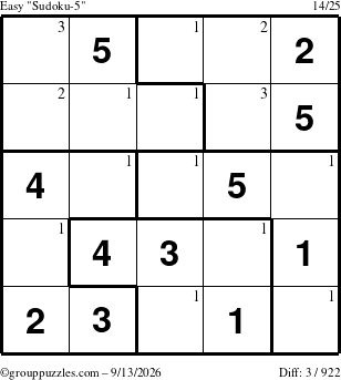 The grouppuzzles.com Easy Sudoku-5 puzzle for Sunday September 13, 2026 with the first 3 steps marked