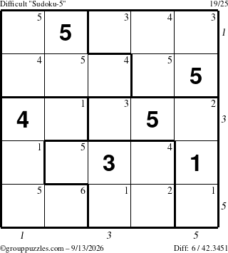 The grouppuzzles.com Difficult Sudoku-5 puzzle for Sunday September 13, 2026, suitable for printing, with all 6 steps marked