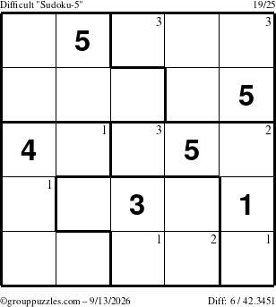 The grouppuzzles.com Difficult Sudoku-5 puzzle for Sunday September 13, 2026 with the first 3 steps marked