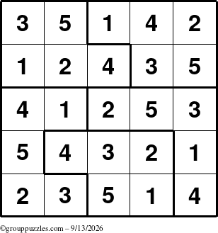 The grouppuzzles.com Answer grid for the Sudoku-5 puzzle for Sunday September 13, 2026