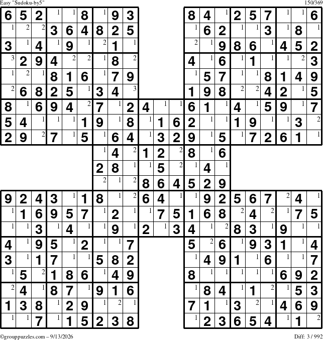 The grouppuzzles.com Easy Sudoku-by5 puzzle for Sunday September 13, 2026 with the first 3 steps marked