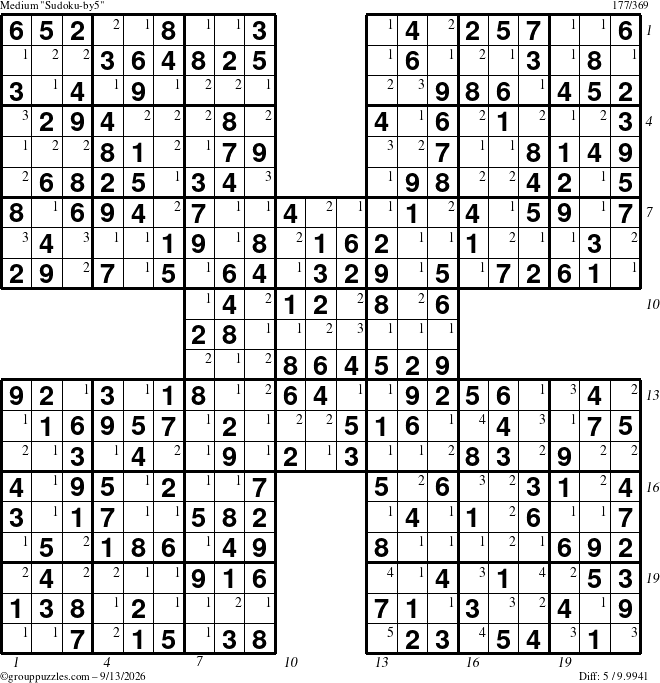 The grouppuzzles.com Medium Sudoku-by5 puzzle for Sunday September 13, 2026, suitable for printing, with all 5 steps marked