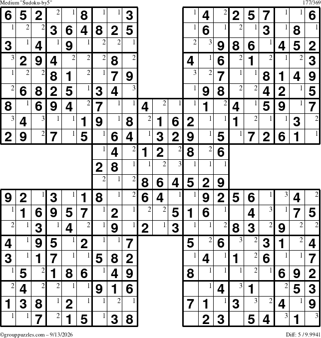 The grouppuzzles.com Medium Sudoku-by5 puzzle for Sunday September 13, 2026 with the first 3 steps marked