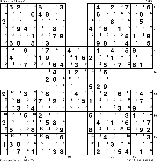The grouppuzzles.com Difficult Sudoku-by5 puzzle for Sunday September 13, 2026, suitable for printing, with all 12 steps marked