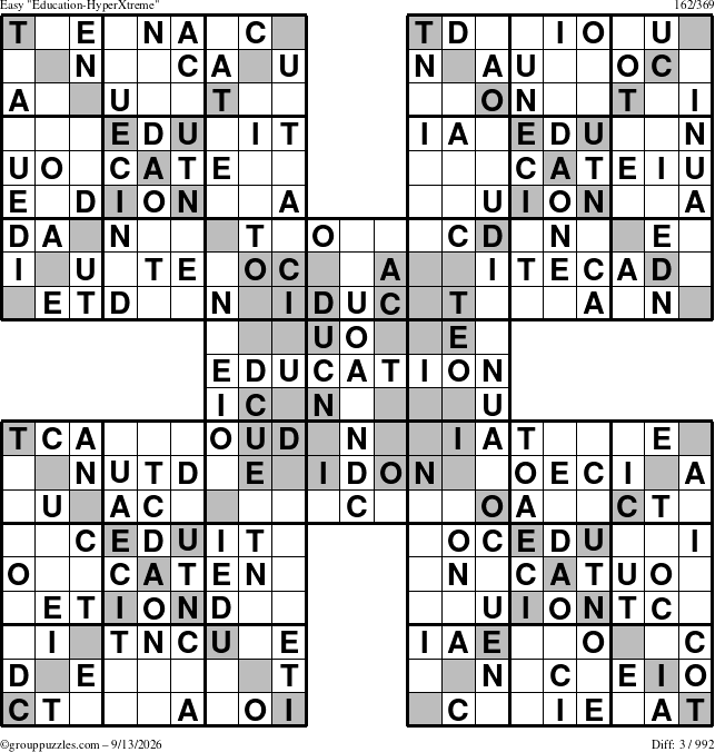 The grouppuzzles.com Easy Education-HyperXtreme puzzle for Sunday September 13, 2026