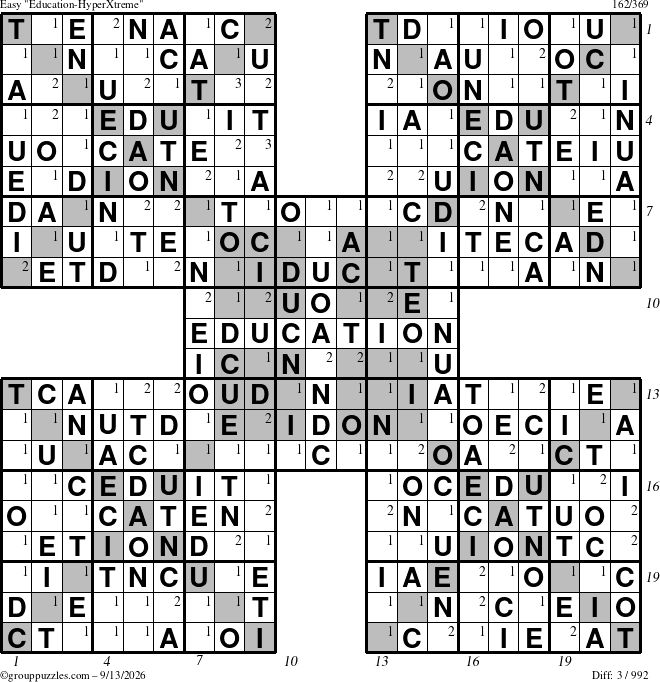 The grouppuzzles.com Easy Education-HyperXtreme puzzle for Sunday September 13, 2026 with all 3 steps marked