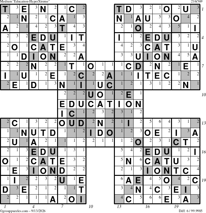 The grouppuzzles.com Medium Education-HyperXtreme puzzle for Sunday September 13, 2026 with all 6 steps marked