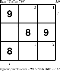 The grouppuzzles.com Easy TicTac-789 puzzle for Sunday September 13, 2026, suitable for printing, with all 2 steps marked