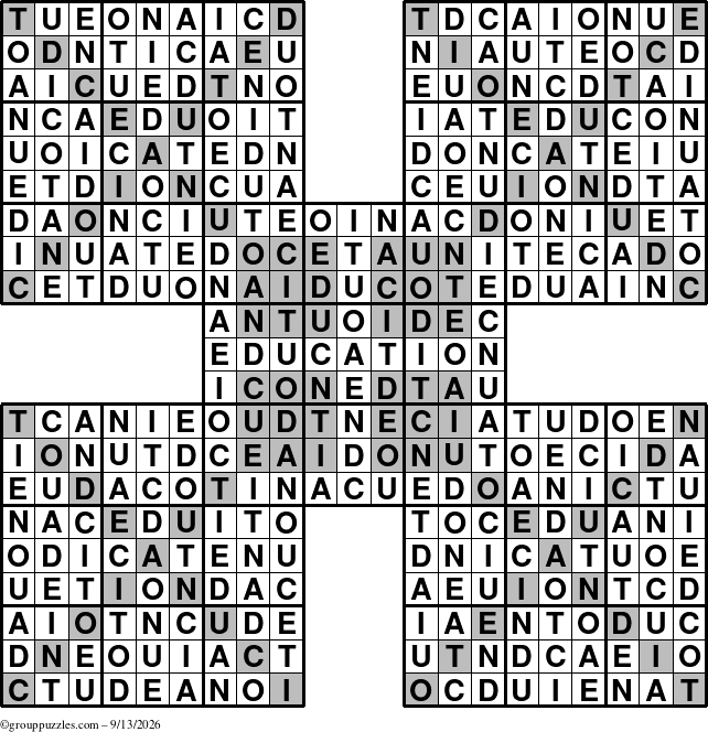 The grouppuzzles.com Answer grid for the Education-HyperXtreme puzzle for Sunday September 13, 2026