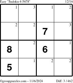 The grouppuzzles.com Easy Sudoku-4-5678 puzzle for Wednesday November 6, 2024 with the first 3 steps marked