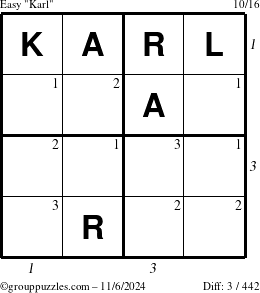 The grouppuzzles.com Easy Karl puzzle for Wednesday November 6, 2024 with all 3 steps marked