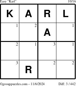 The grouppuzzles.com Easy Karl puzzle for Wednesday November 6, 2024 with the first 3 steps marked