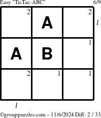 The grouppuzzles.com Easy TicTac-ABC puzzle for Wednesday November 6, 2024 with all 2 steps marked