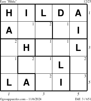 The grouppuzzles.com Easy Hilda puzzle for Wednesday November 6, 2024 with all 3 steps marked