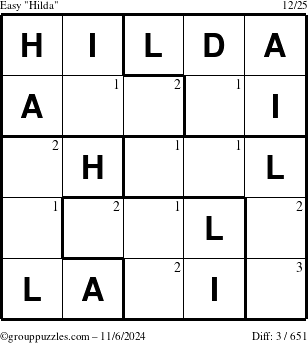 The grouppuzzles.com Easy Hilda puzzle for Wednesday November 6, 2024 with the first 3 steps marked