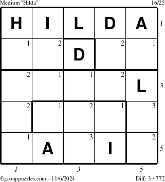 The grouppuzzles.com Medium Hilda puzzle for Wednesday November 6, 2024 with all 3 steps marked