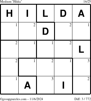 The grouppuzzles.com Medium Hilda puzzle for Wednesday November 6, 2024 with the first 3 steps marked