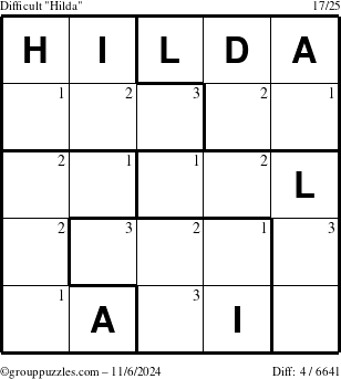 The grouppuzzles.com Difficult Hilda puzzle for Wednesday November 6, 2024 with the first 3 steps marked