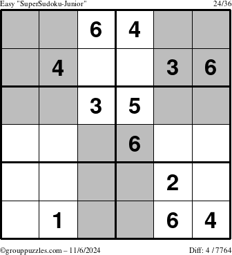 The grouppuzzles.com Easy SuperSudoku-Junior puzzle for Wednesday November 6, 2024