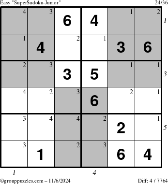 The grouppuzzles.com Easy SuperSudoku-Junior puzzle for Wednesday November 6, 2024, suitable for printing, with all 4 steps marked