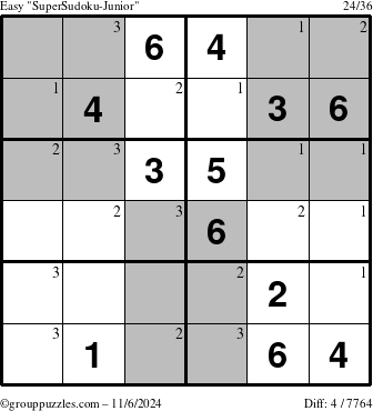 The grouppuzzles.com Easy SuperSudoku-Junior puzzle for Wednesday November 6, 2024 with the first 3 steps marked