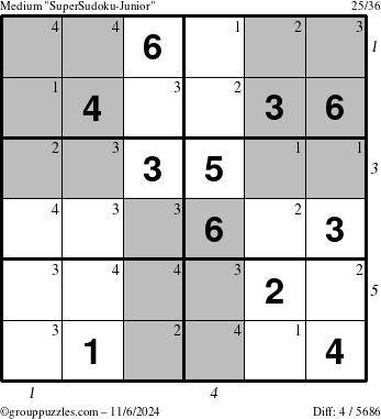 The grouppuzzles.com Medium SuperSudoku-Junior puzzle for Wednesday November 6, 2024 with all 4 steps marked