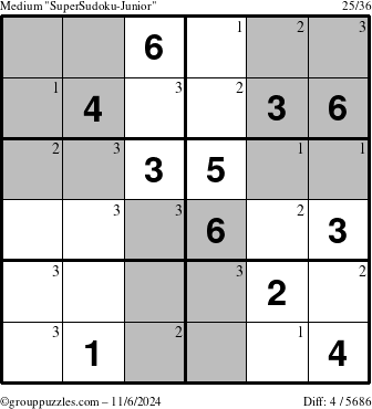 The grouppuzzles.com Medium SuperSudoku-Junior puzzle for Wednesday November 6, 2024 with the first 3 steps marked