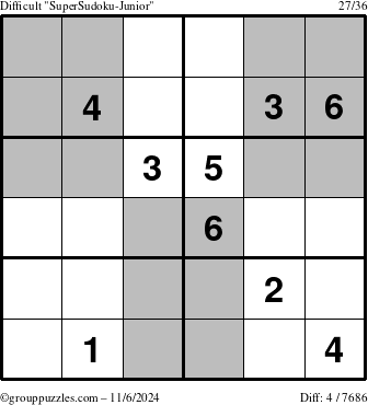 The grouppuzzles.com Difficult SuperSudoku-Junior puzzle for Wednesday November 6, 2024