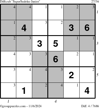 The grouppuzzles.com Difficult SuperSudoku-Junior puzzle for Wednesday November 6, 2024 with all 4 steps marked