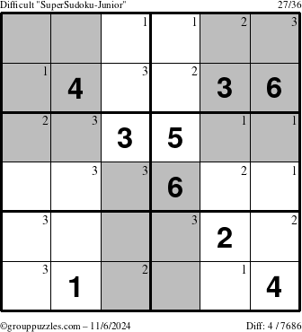 The grouppuzzles.com Difficult SuperSudoku-Junior puzzle for Wednesday November 6, 2024 with the first 3 steps marked