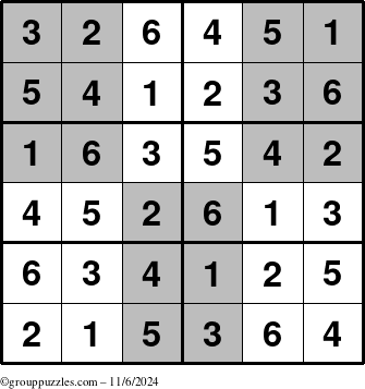 The grouppuzzles.com Answer grid for the SuperSudoku-Junior puzzle for Wednesday November 6, 2024