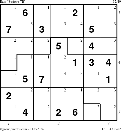 The grouppuzzles.com Easy Sudoku-7B puzzle for Wednesday November 6, 2024 with all 4 steps marked